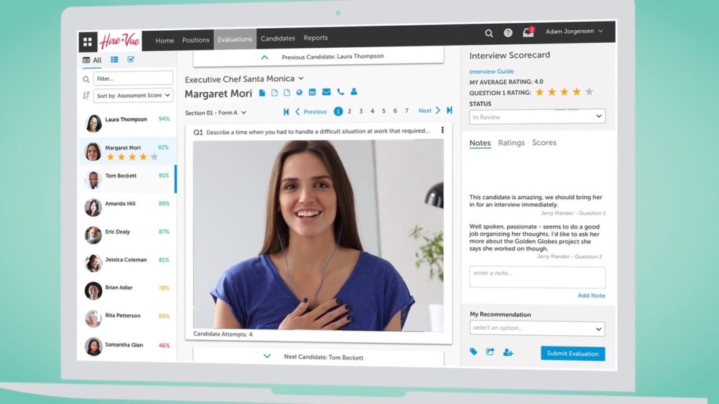 HireVue AI video interview dashboard showing algorithmic assessment and candidate evaluation for HR recruiting in 2026.