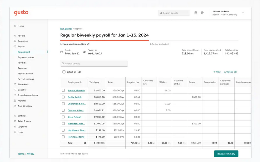 Gusto AI payroll dashboard showing biweekly run summary and employee totals for small business 2026