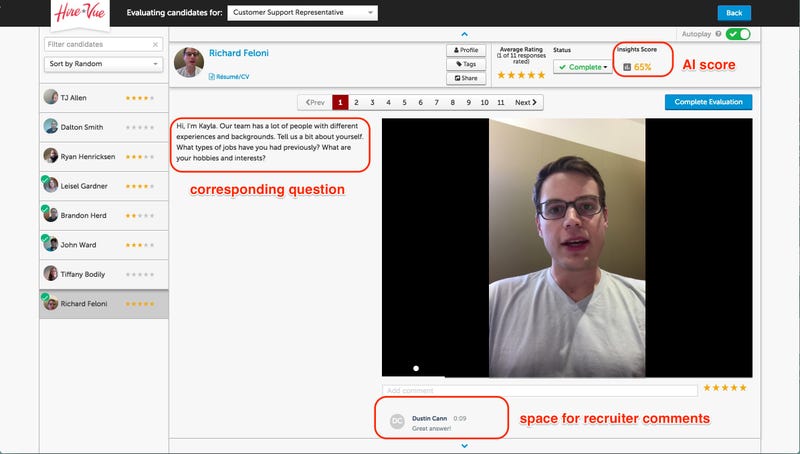 HireVue AI-powered job interview platform screenshot with candidate response analysis in 2026 HR tool.