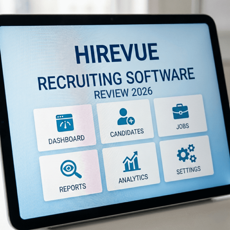 A software review of the HireVue AI recruiting tool, with an interview dashboard and resume selection.