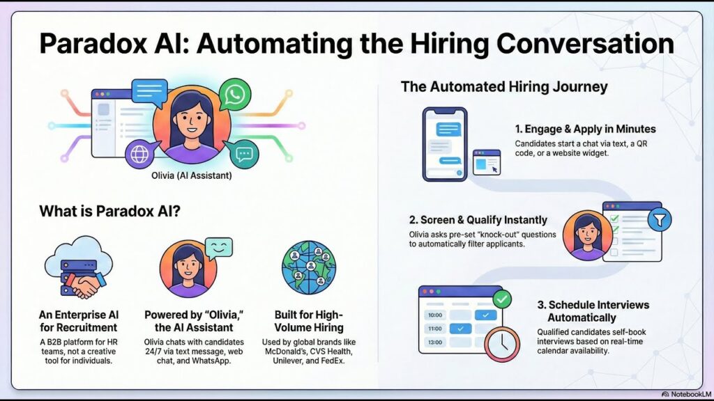 Paradox AI Olivia automated hiring journey infographic showing conversational recruiting workflow from candidate application to interview scheduling in 2026