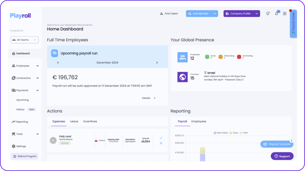 Playroll Orbit AI HR-GPT dashboard showing global payroll overview and upcoming runs for small business 2026