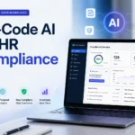 The 7 Best No-Code AI Tools for HR Compliance 2026, showing a non-tech HR professional at a laptop with drag-and-drop no-code AI workflows floating around. Includes subtle icons for compliance, audit logs, bias checks, and policy documents.