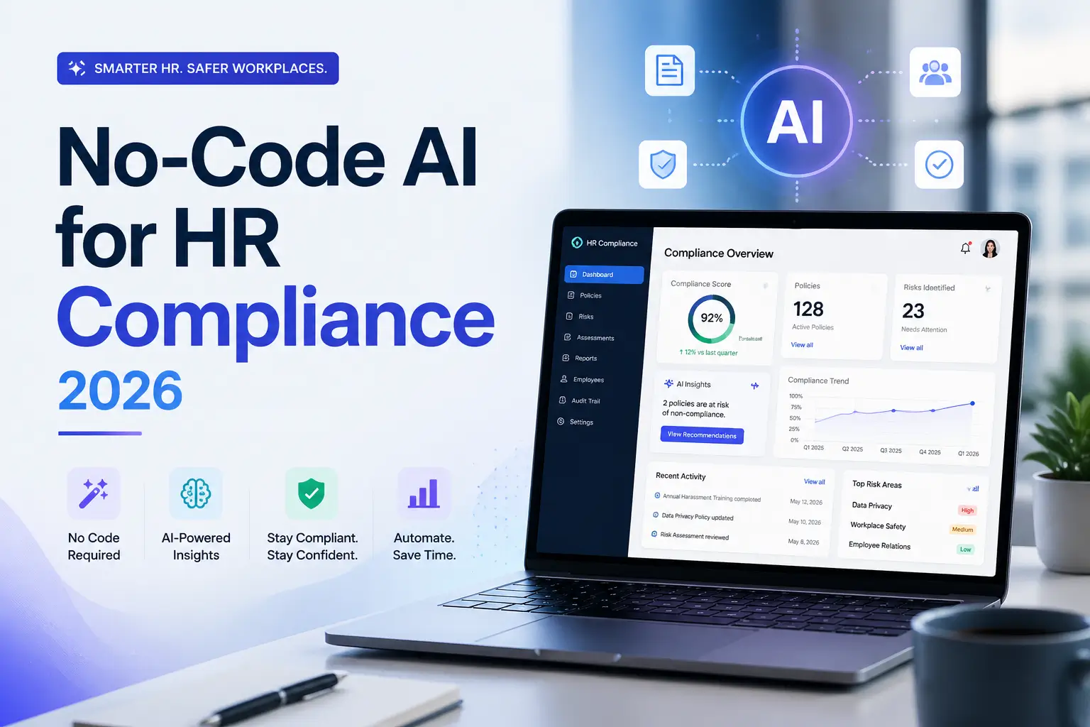The 7 Best No-Code AI Tools for HR Compliance 2026, showing a non-tech HR professional at a laptop with drag-and-drop no-code AI workflows floating around. Includes subtle icons for compliance, audit logs, bias checks, and policy documents.
