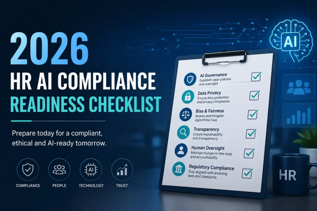 The 2026 HR AI Compliance Readiness Checklist showing AI Governance, Data Privacy, Bias & Fairness, Transparency, Human Oversight, and Regulatory Compliance.