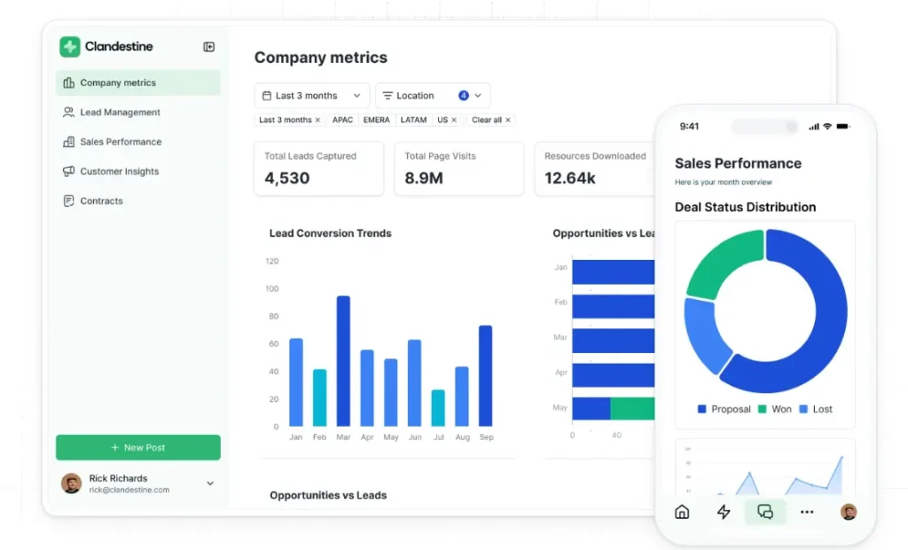Screenshot of a Softr-built HR compliance portal dashboard. Includes modern sidebar navigation with Policies, Audits, and Bias Reports. Main area shows metrics cards, compliance status bars, and a simple table of recent audit logs.
