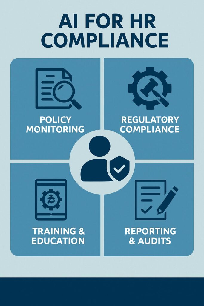 An info graphic on AI for HR Compliance, showing policy monitoring, regulatory compliance, training and education, and reporting and audits.