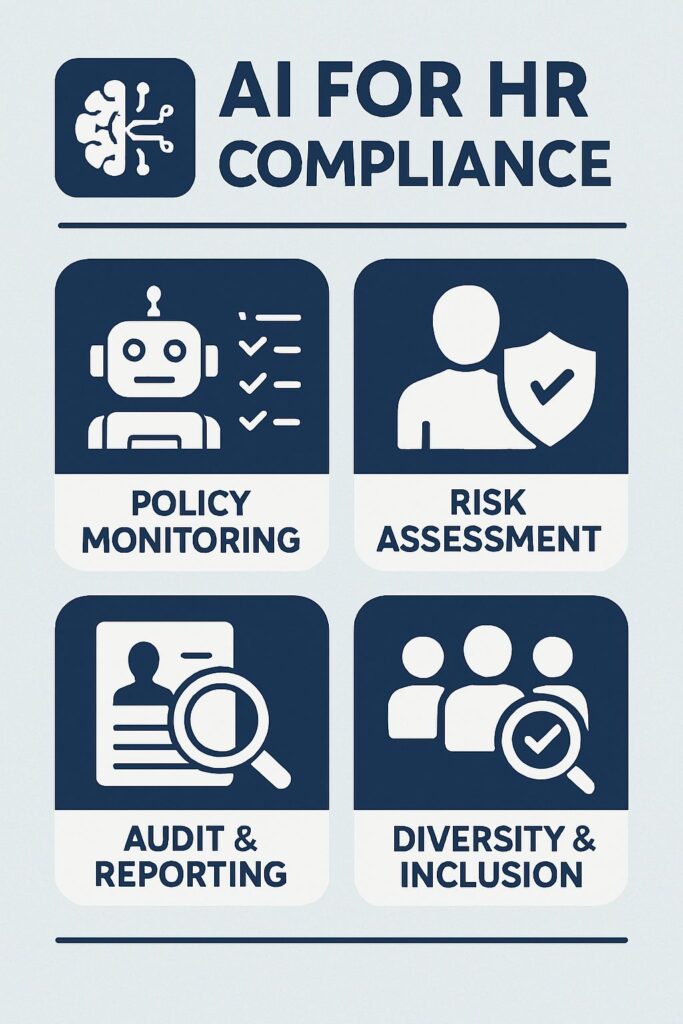 An infographic on AI for HR Compliance, showing policy monitoring, risk assessment, audit and reporting, and diversity and inclusion.