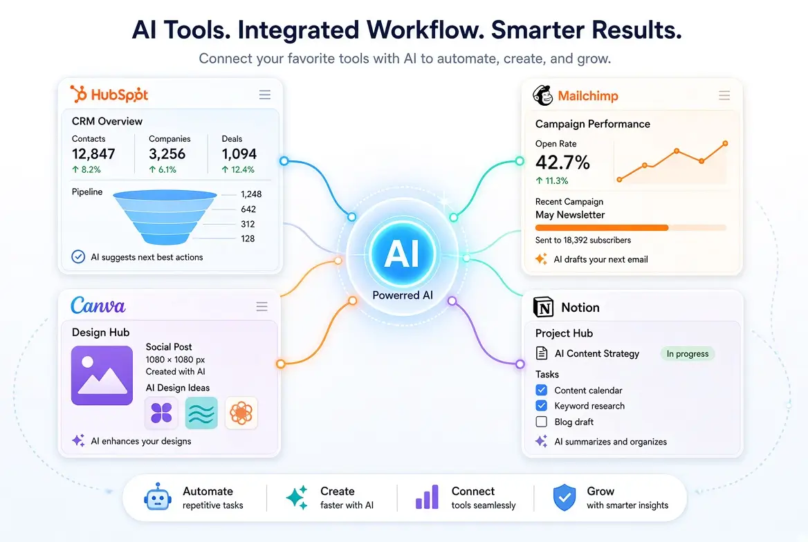 AI Tools That Integrate with HubSpot, Mailchimp, Canva, and Notion