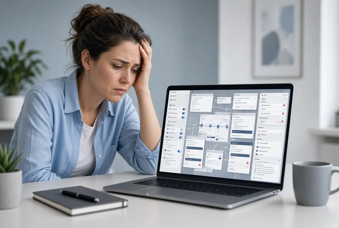 Frustrated non-technical professional looking at a laptop screen filled with overwhelming no-code AI project management settings, toggles, and complex workflow panels with cluttered AI project tool settings and configuration menus.
