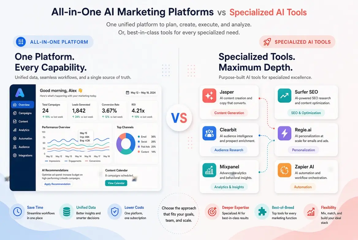 All-in-One AI Marketing Platforms vs Specialized Tools