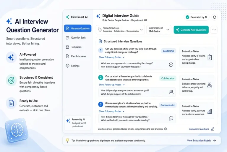 Modern illustration of an AI interview question generator for HR, showing a digital interview guide interface with structured interview questions, competency labels, follow-up probes, and evaluation notes in a clean blue and teal professional design.
