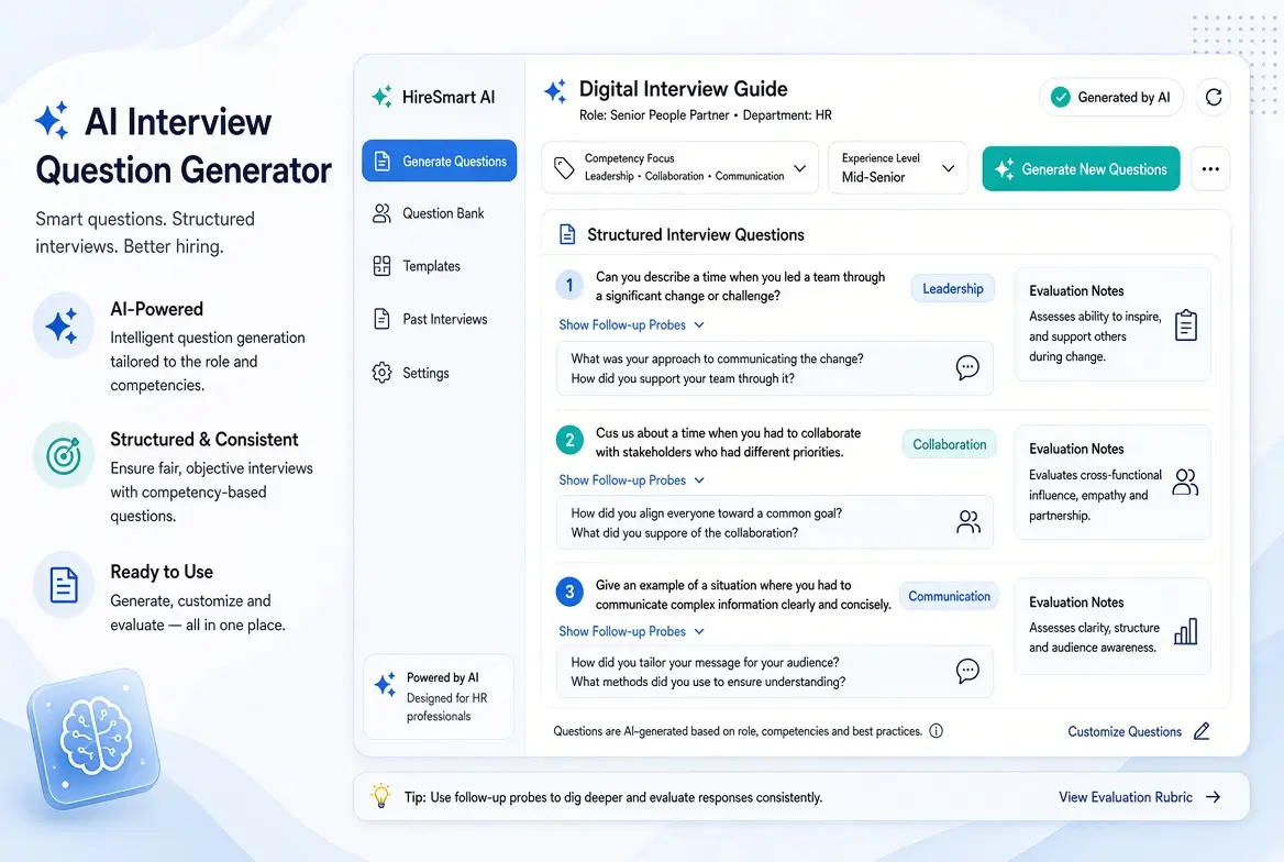 Modern illustration of an AI interview question generator for HR, showing a digital interview guide interface with structured interview questions, competency labels, follow-up probes, and evaluation notes in a clean blue and teal professional design.