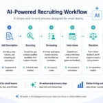 Modern illustration of an AI-powered recruiting workflow for small teams, showing a seven-step process from role intake through job description, sourcing, screening, interviews, decision, and offer in a clean blue and teal professional design.