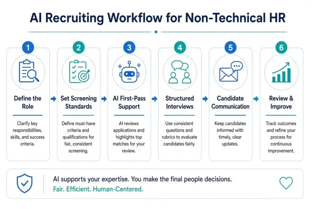 Step-by-step AI recruiting workflow for non-technical HR professionals showing six stages: define the role, set screening standards, use AI for first-pass support, prepare structured interviews, support candidate communication, and review and improve the process.