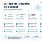 Modern illustration of AI tools for recruiting on a budget, showing a clean dashboard toolkit with AI assistant, candidate tracker, scheduling calendar, and outreach message cards labeled as free or low-cost options in a professional blue and teal design.