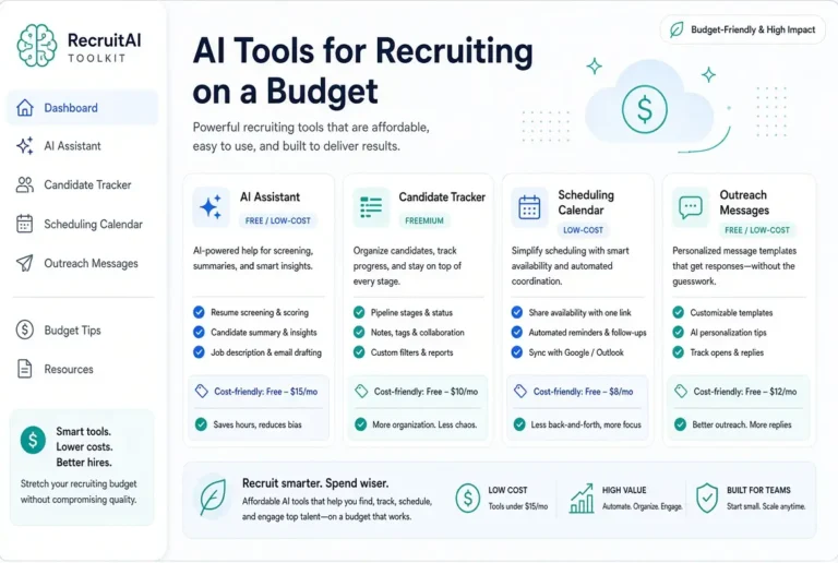Modern illustration of AI tools for recruiting on a budget, showing a clean dashboard toolkit with AI assistant, candidate tracker, scheduling calendar, and outreach message cards labeled as free or low-cost options in a professional blue and teal design.