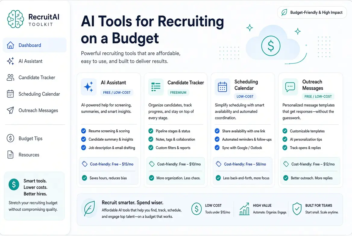 Modern illustration of AI tools for recruiting on a budget, showing a clean dashboard toolkit with AI assistant, candidate tracker, scheduling calendar, and outreach message cards labeled as free or low-cost options in a professional blue and teal design.