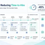 Modern illustration for AI for reducing time-to-hire, showing an AI-powered hiring timeline from application through screening, scheduling, interviews, and offer, with speed metrics and assistance callouts in a clean blue and teal professional design.