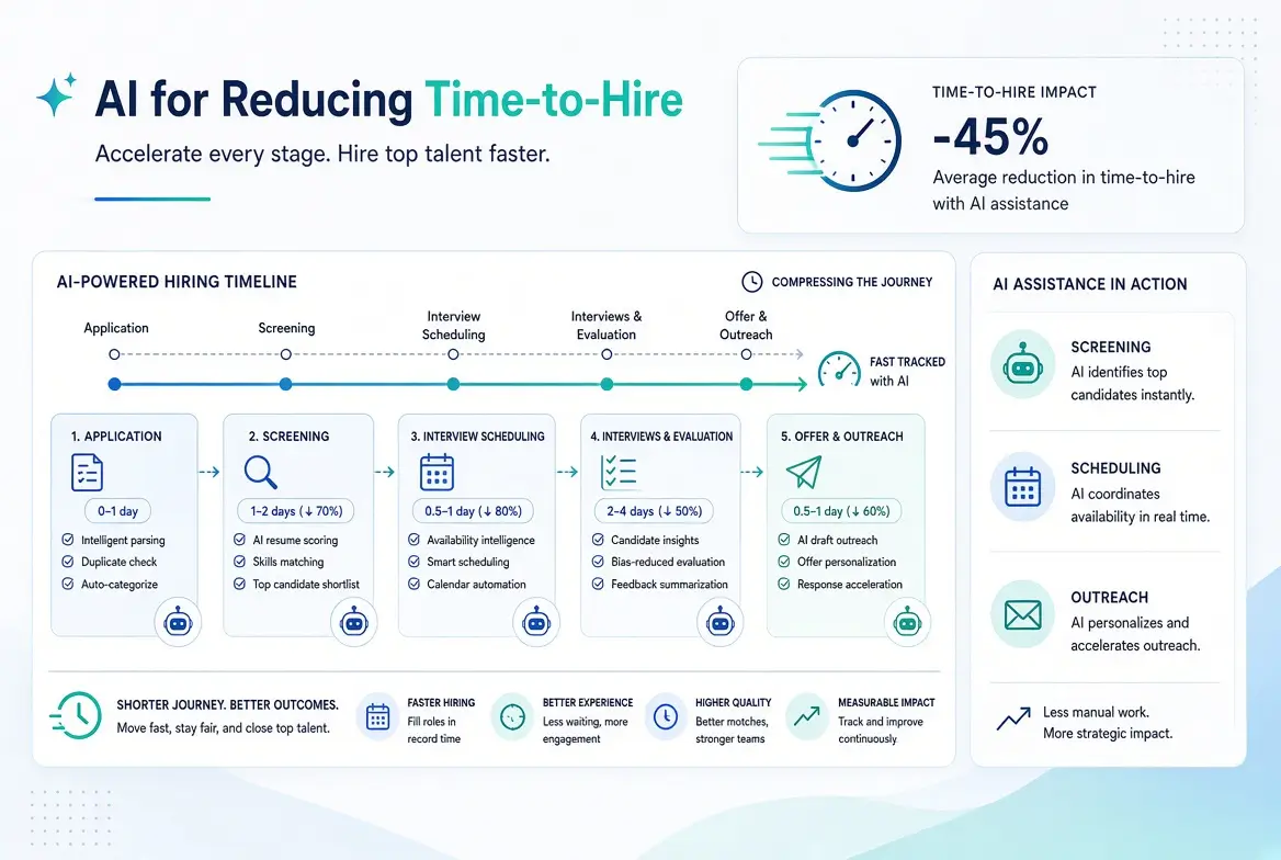 Modern illustration for AI for reducing time-to-hire, showing an AI-powered hiring timeline from application through screening, scheduling, interviews, and offer, with speed metrics and assistance callouts in a clean blue and teal professional design.
