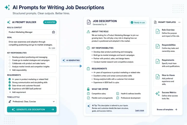 Modern illustration showing AI prompts for writing job descriptions, featuring a clean digital job description document being generated from structured prompt templates using an AI prompt builder, with soft blue and teal professional design elements.