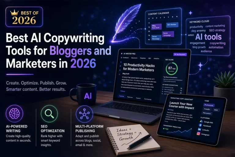 A modern professional desk with a laptop and tablet showing AI writing interfaces, SEO scores, content drafts, and marketing copy. Floating holographic elements include a glowing AI quill pen, content calendar, and keyword cloud. Dark blue and purple tech aesthetic with a “BEST OF 2026” badge. Bottom icons highlight AI-powered writing, SEO optimization, and multi-platform publishing. Desk accessories include a coffee mug, notebook, and plant.