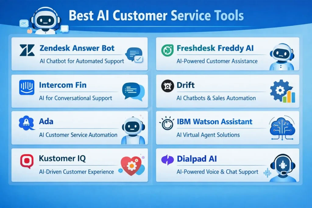 An infographic showing the best AI customer service tools and their features, including Zendesk Answer Bot, Freshdesk Freddy AI, Intercom Fin, Drift, Ada, IBM Watson Assistant, Kustomer IQ, and Dialpad AI.