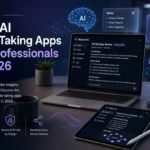 A modern professional desk setup with a laptop and tablet displaying AI note-taking interfaces (Nexora AI and Memo AI). Floating holographic elements include an AI brain network, idea lists, a daily plan checklist, and a digital notebook. Dark blue and purple tech aesthetic with glowing neural network lines, a small plant, coffee mug, and pens. Text overlays highlight AI-powered summaries, security, and seamless sync.