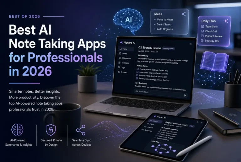 A modern professional desk setup with a laptop and tablet displaying AI note-taking interfaces (Nexora AI and Memo AI). Floating holographic elements include an AI brain network, idea lists, a daily plan checklist, and a digital notebook. Dark blue and purple tech aesthetic with glowing neural network lines, a small plant, coffee mug, and pens. Text overlays highlight AI-powered summaries, security, and seamless sync.