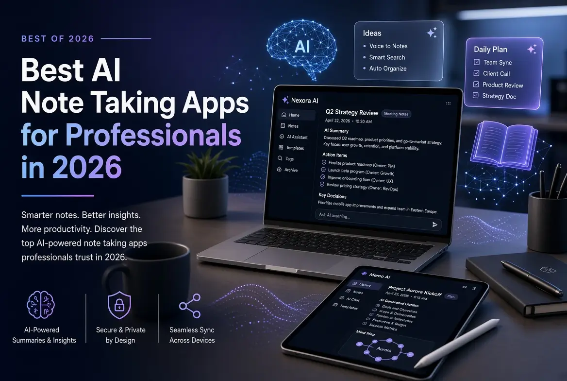 A modern professional desk setup with a laptop and tablet displaying AI note-taking interfaces (Nexora AI and Memo AI). Floating holographic elements include an AI brain network, idea lists, a daily plan checklist, and a digital notebook. Dark blue and purple tech aesthetic with glowing neural network lines, a small plant, coffee mug, and pens. Text overlays highlight AI-powered summaries, security, and seamless sync.