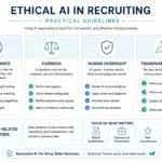 Modern illustration for ethical AI in recruiting practical guidelines, showing four pillars—AI assistance, fairness, human oversight, and transparent process—plus job-related criteria in a clean blue and teal professional design.