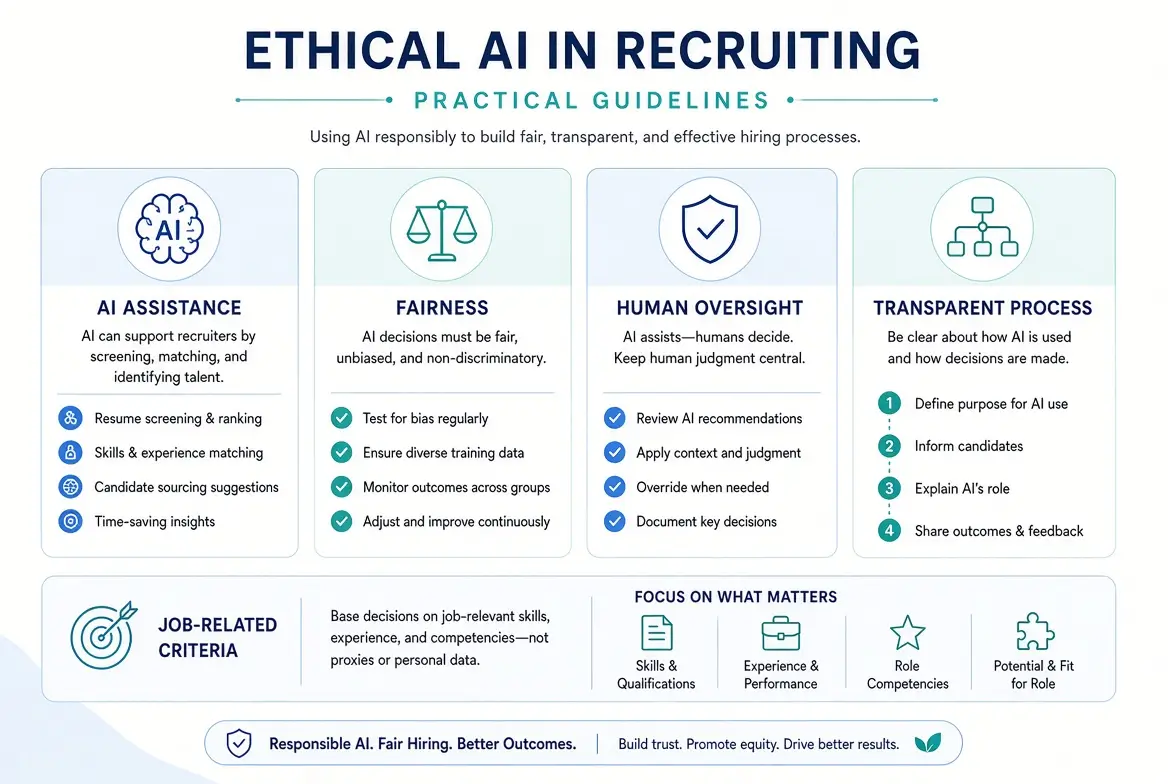 Modern illustration for ethical AI in recruiting practical guidelines, showing four pillars—AI assistance, fairness, human oversight, and transparent process—plus job-related criteria in a clean blue and teal professional design.