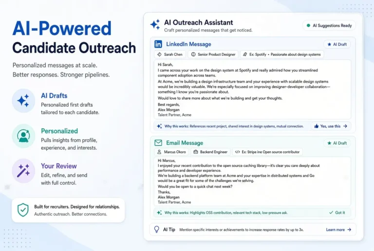 Modern illustration for AI-powered candidate outreach, showing a digital outreach assistant interface with personalized LinkedIn and email message drafts, AI suggestions, and recruiter review controls in a clean blue and teal professional design.