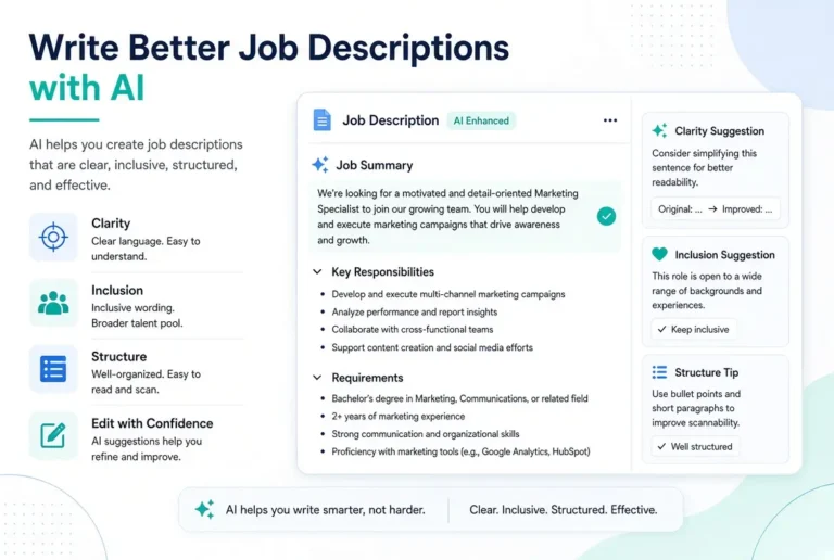 Modern illustration showing how to write better job descriptions with AI, featuring a digital job description document enhanced by AI suggestions for clarity, inclusion, structure, and editing, with soft blue and teal professional design elements.