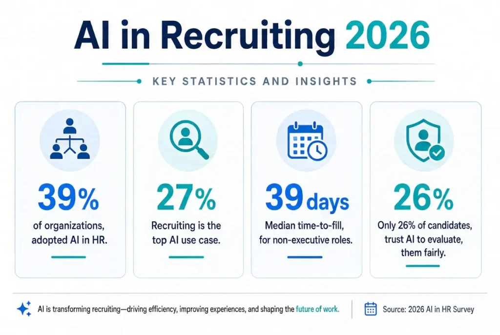 Infographic displaying key 2026 AI in recruiting statistics including 39% of organizations adopting AI in HR, recruiting as the top AI use case at 27%, median time-to-fill of 39 days for non-executive roles, and only 26% of candidates trusting AI evaluation.