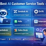 An infographic showing the best AI customer service tools and their features, including Zendesk AI, Drift, Ada, Intercom, Freshdesk, and Zoho Desk.