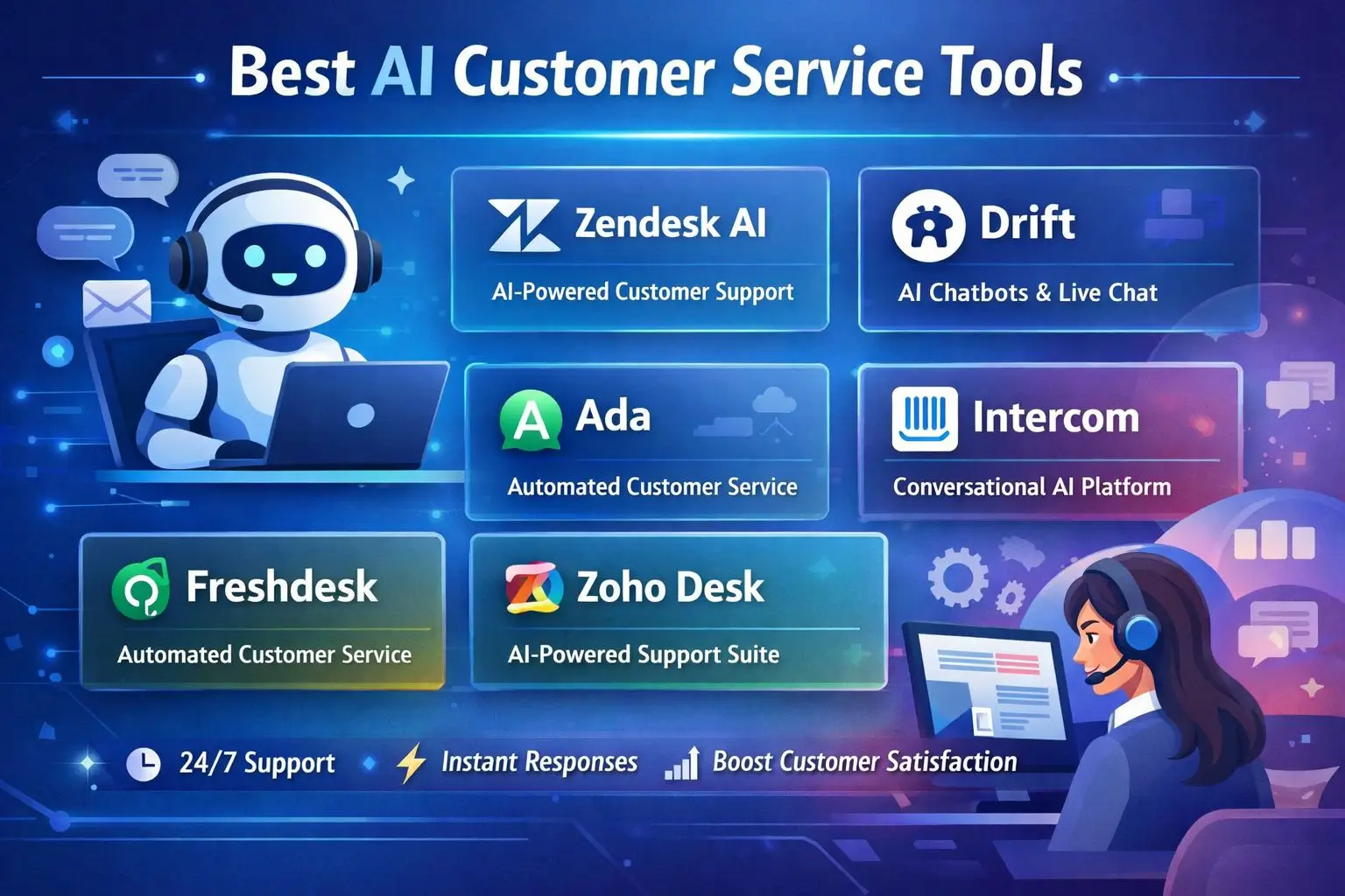 An infographic showing the best AI customer service tools and their features, including Zendesk AI, Drift, Ada, Intercom, Freshdesk, and Zoho Desk.