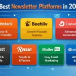 A blue background infographic showing the best newsletter platforms and their features, including Substack, Beehiiv, ConvertKit, Ghost, Revue, MailerLite, and Sendinblue.