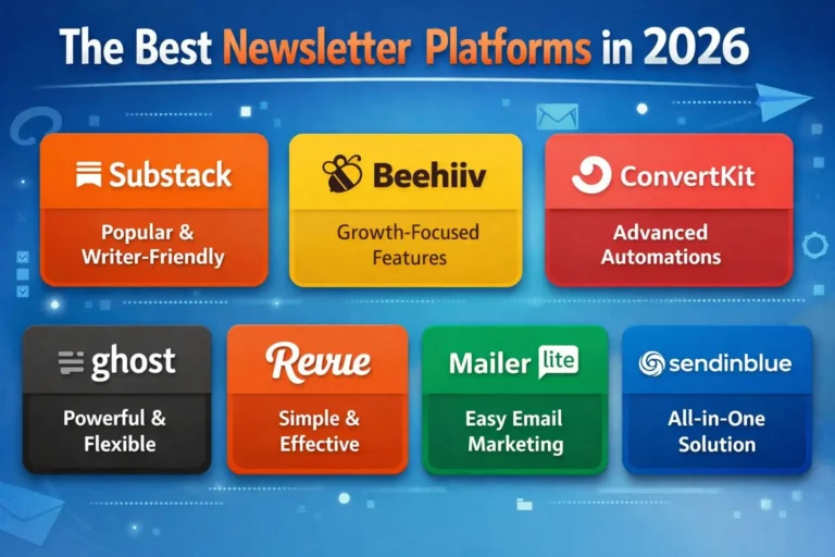 A blue background infographic showing the best newsletter platforms and their features, including Substack, Beehiiv, ConvertKit, Ghost, Revue, MailerLite, and Sendinblue.